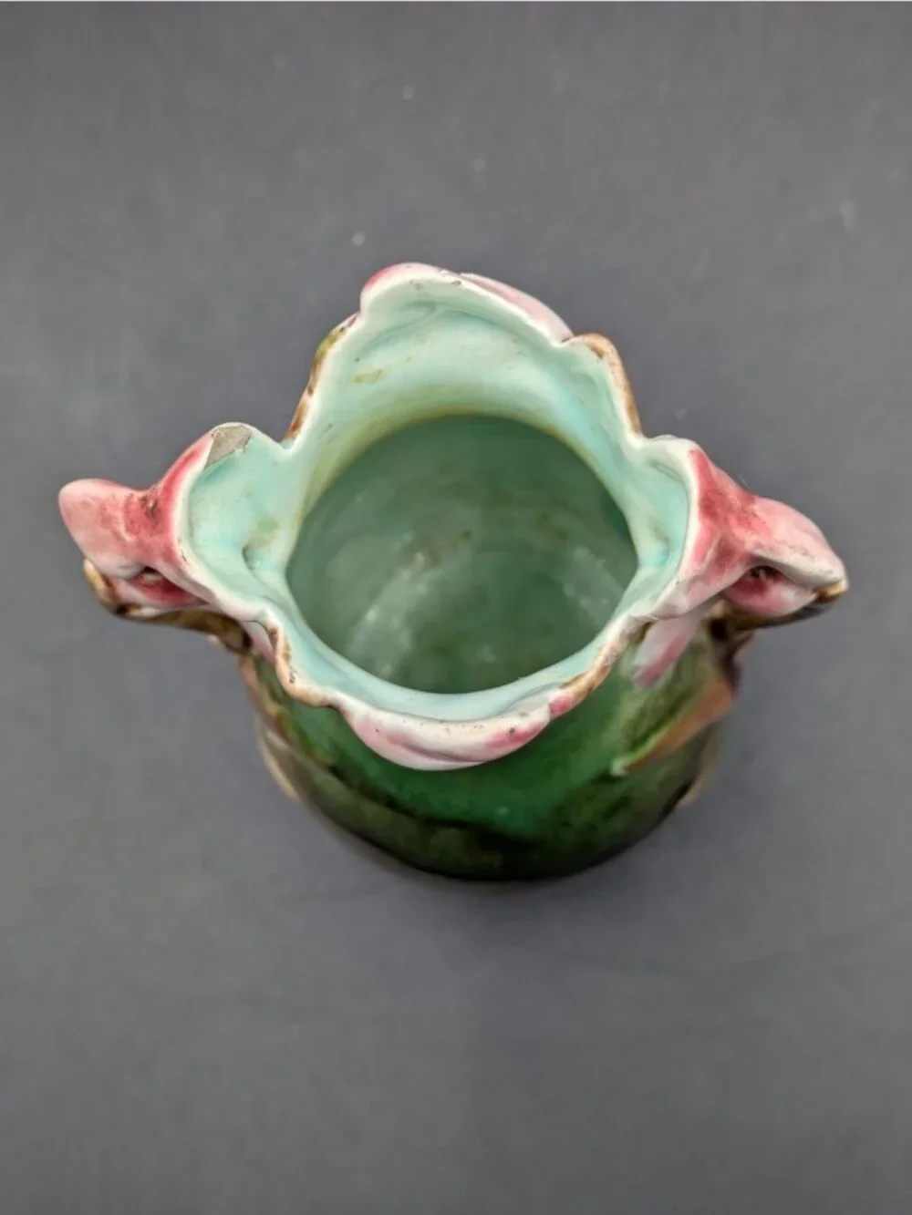 Antique Art Nouveau French Majolica Barbotine Naturalistic Floral Vase 5.5”